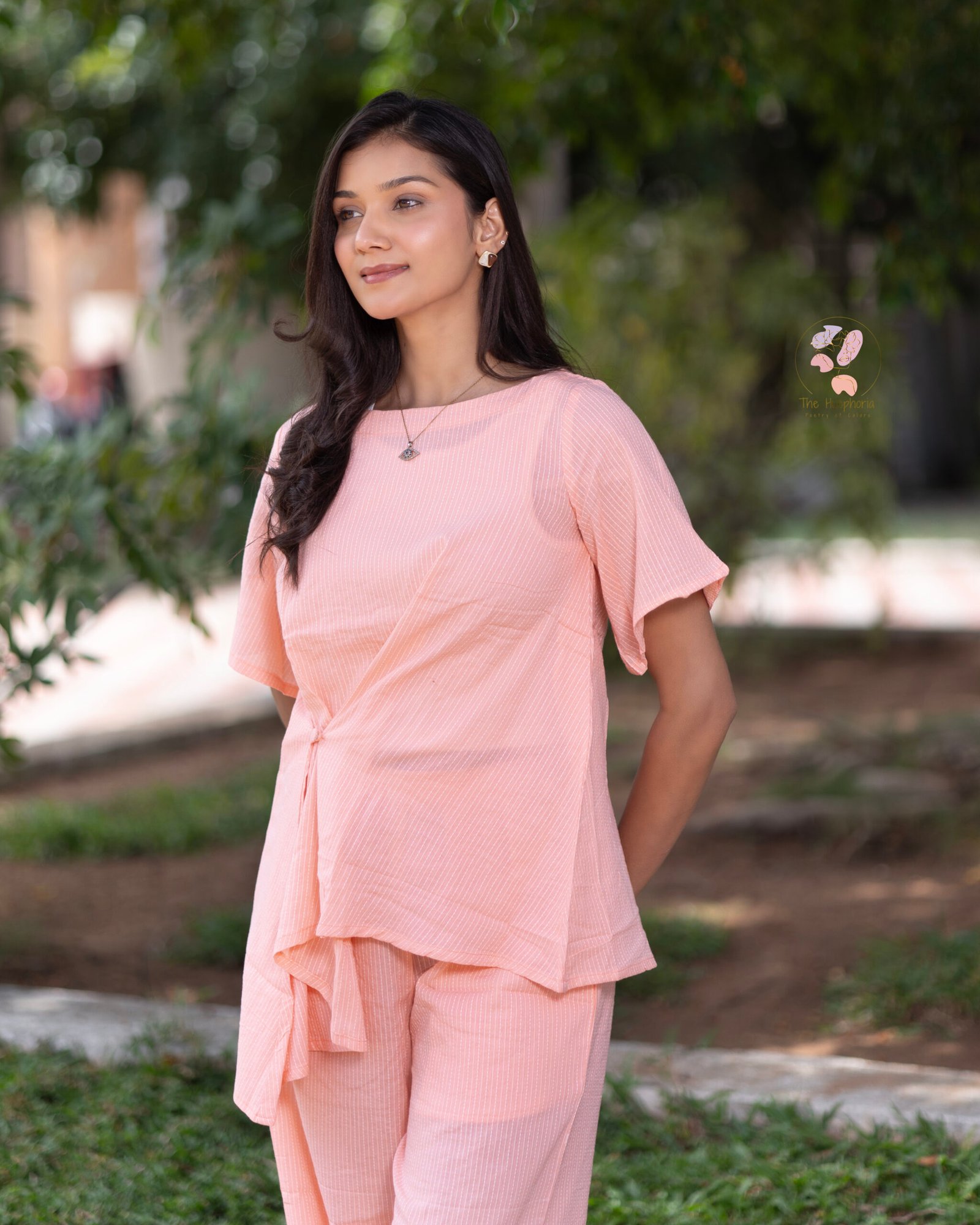 Sahara Peach Cotton Co-Ord Set for Women | Kantha Work Top & Wide-Leg Pants - Image 2