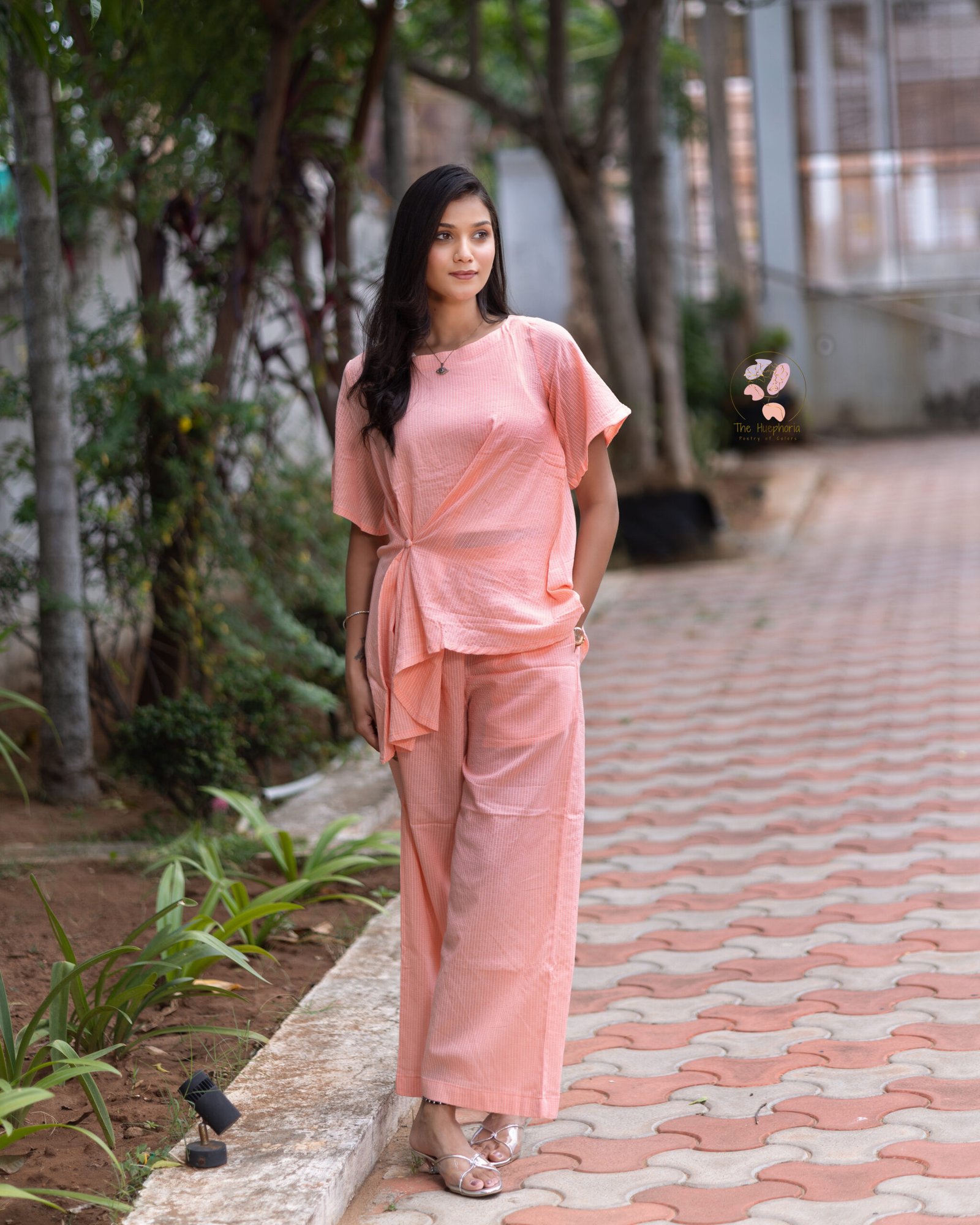 Sahara Peach Cotton Co-Ord Set for Women | Kantha Work Top & Wide-Leg Pants - Image 5