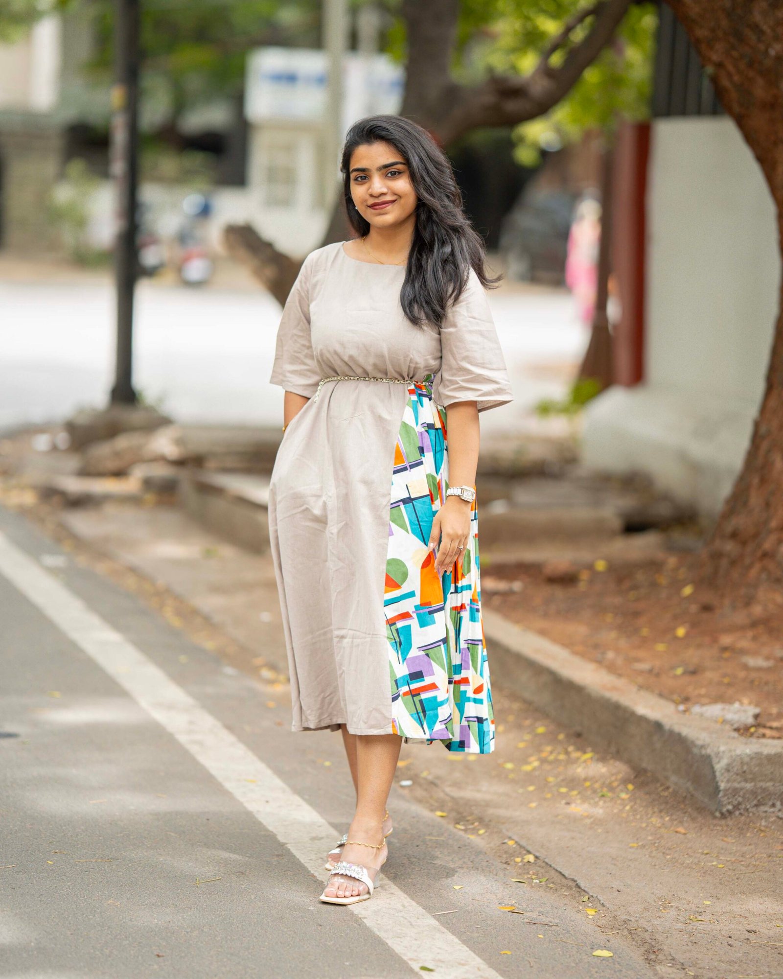 Ashly Ash Grey Oversized Cotton Dress for Women | Abstract Print Panel Midi Dress - Image 2