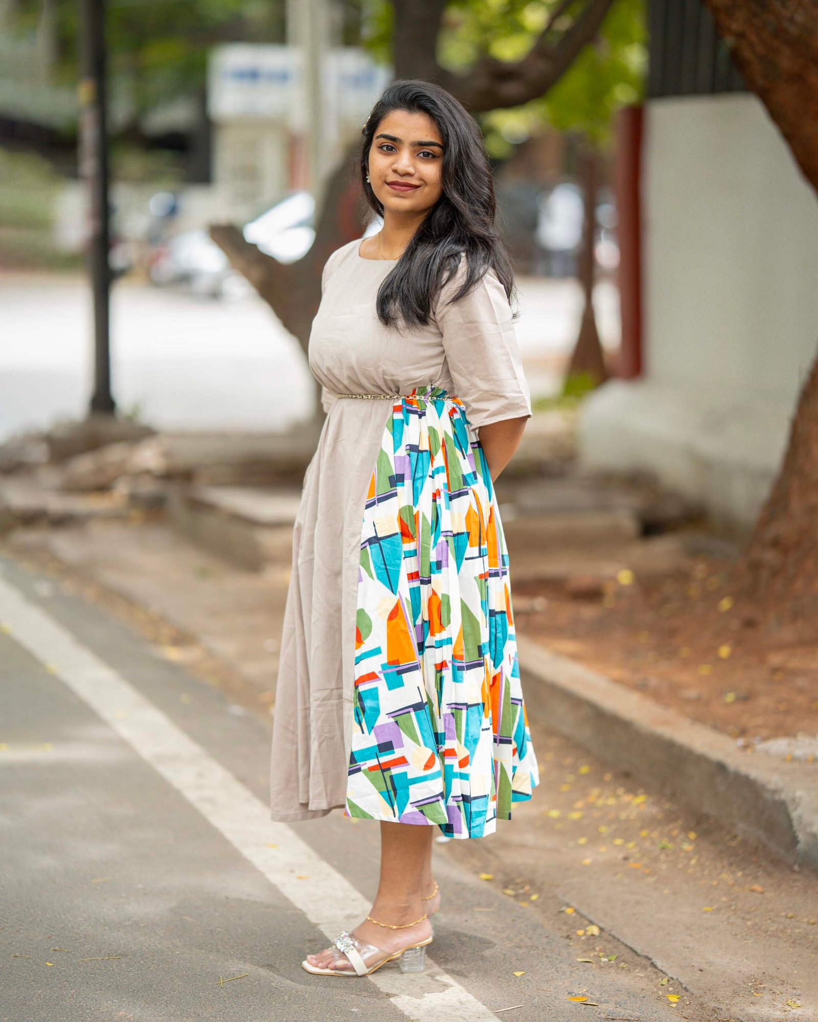 Ashly Ash Grey Oversized Cotton Dress for Women | Abstract Print Panel Midi Dress - Image 3
