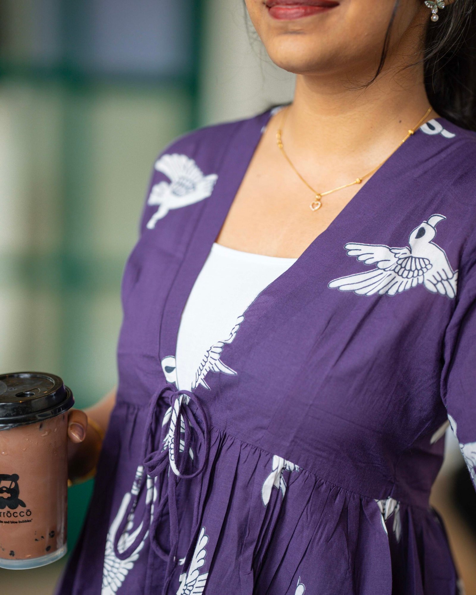 Twilight Bird Print Peplum Crop Shirt for Women | Deep Purple Cotton Shrug Top - Image 5