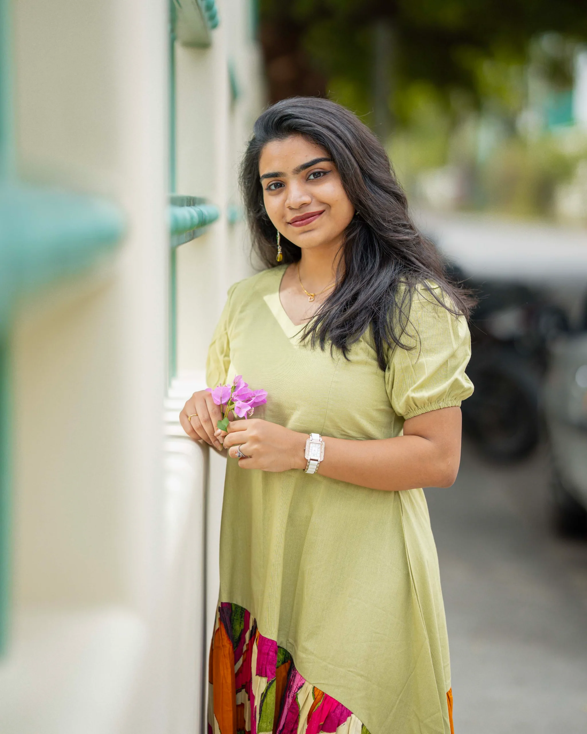 Sage Green Asymmetric Cotton Midi Dress for Women | Abstract Leaf Print Flare Dress - Image 2