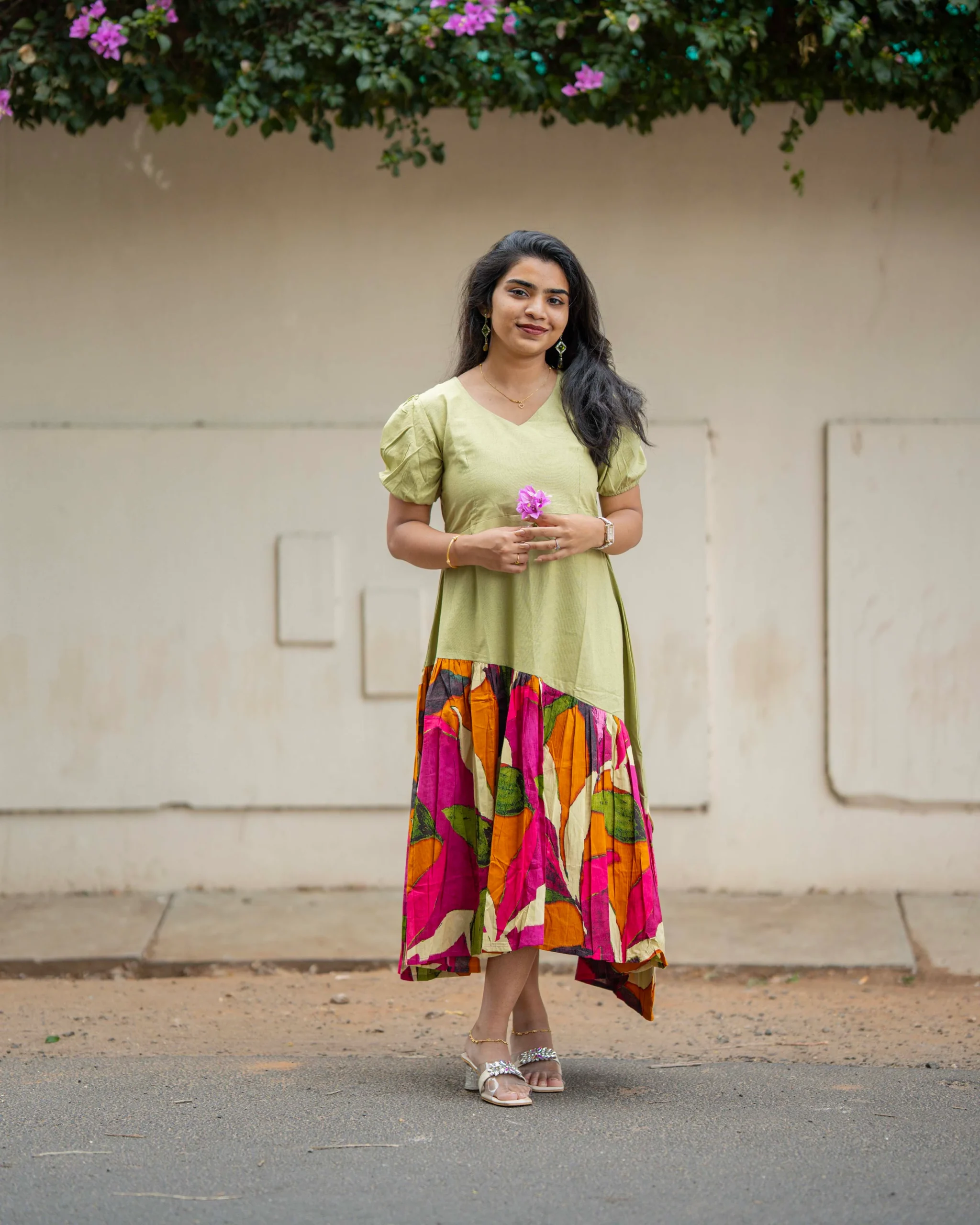 Sage Green Asymmetric Cotton Midi Dress for Women | Abstract Leaf Print Flare Dress - Image 10