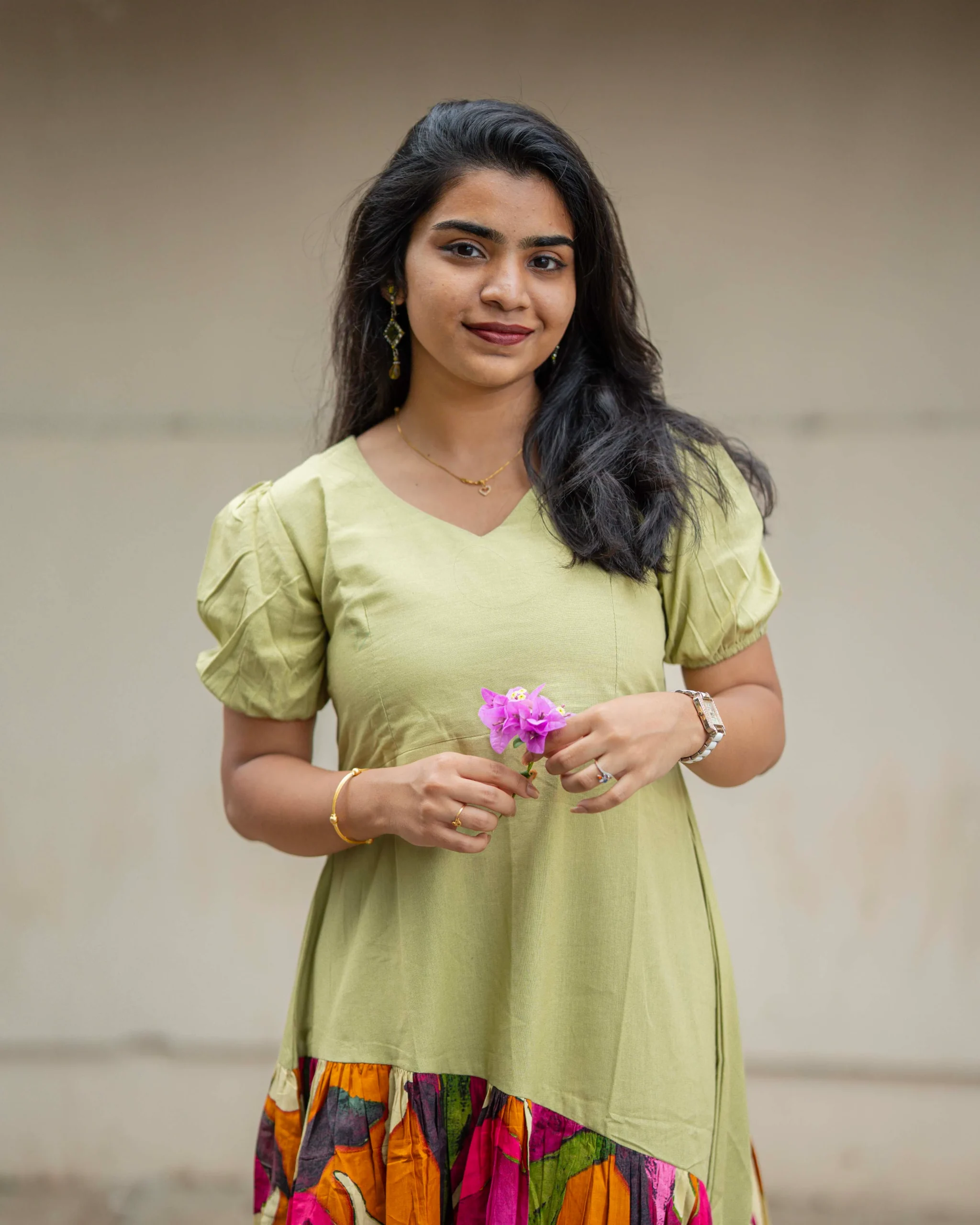 Sage Green Asymmetric Cotton Midi Dress for Women | Abstract Leaf Print Flare Dress - Image 3