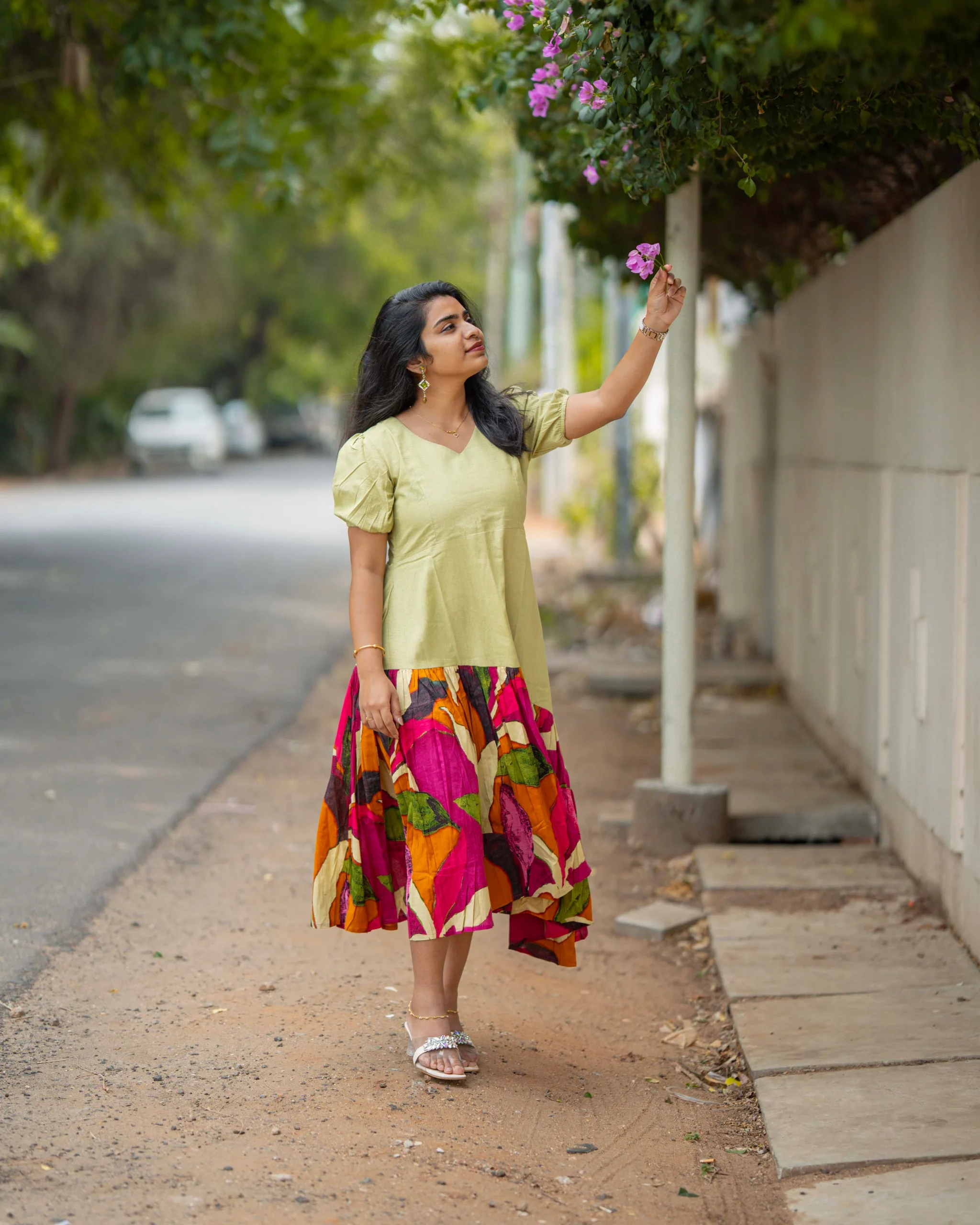 Sage Green Asymmetric Cotton Midi Dress for Women | Abstract Leaf Print Flare Dress - Image 4