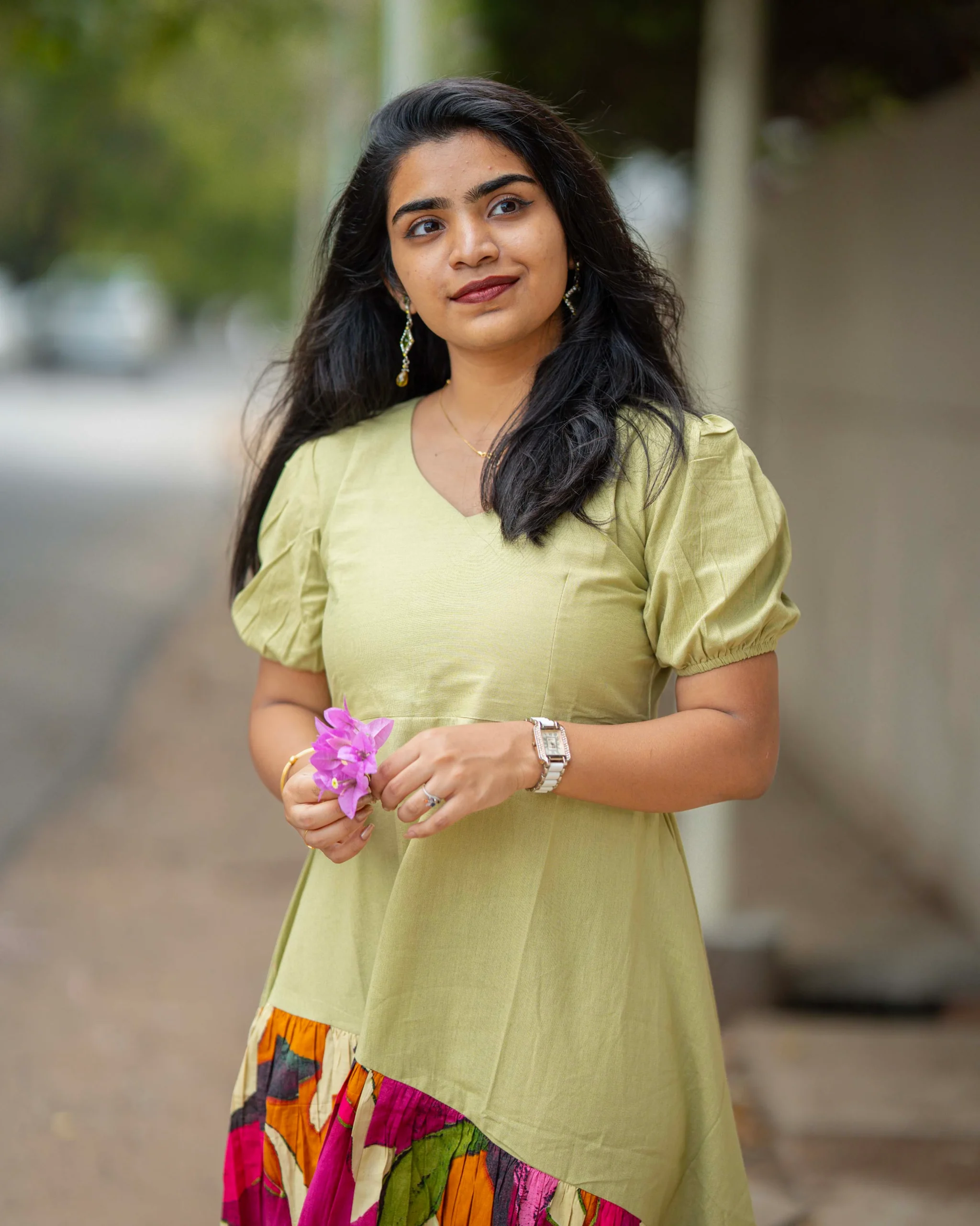 Sage Green Asymmetric Cotton Midi Dress for Women | Abstract Leaf Print Flare Dress - Image 5