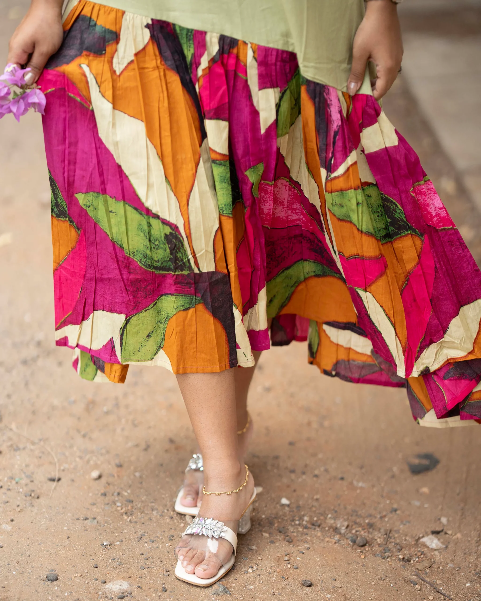 Sage Green Asymmetric Cotton Midi Dress for Women | Abstract Leaf Print Flare Dress - Image 6