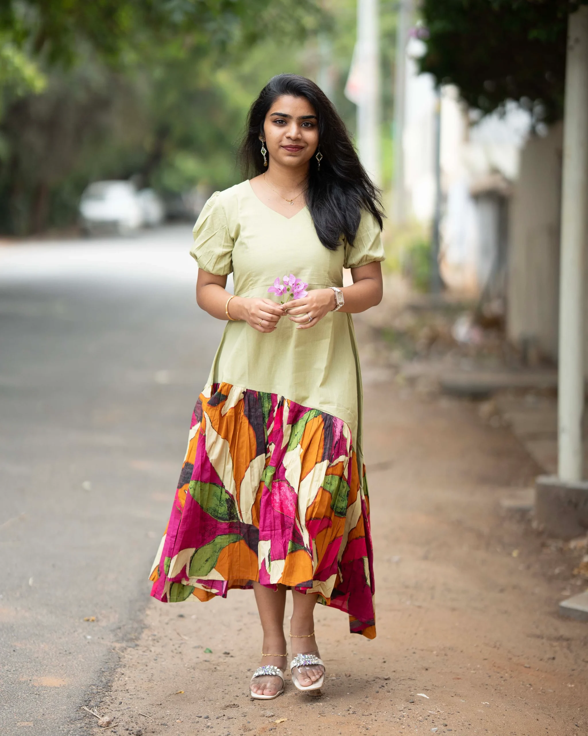 Sage Green Asymmetric Cotton Midi Dress for Women | Abstract Leaf Print Flare Dress - Image 8