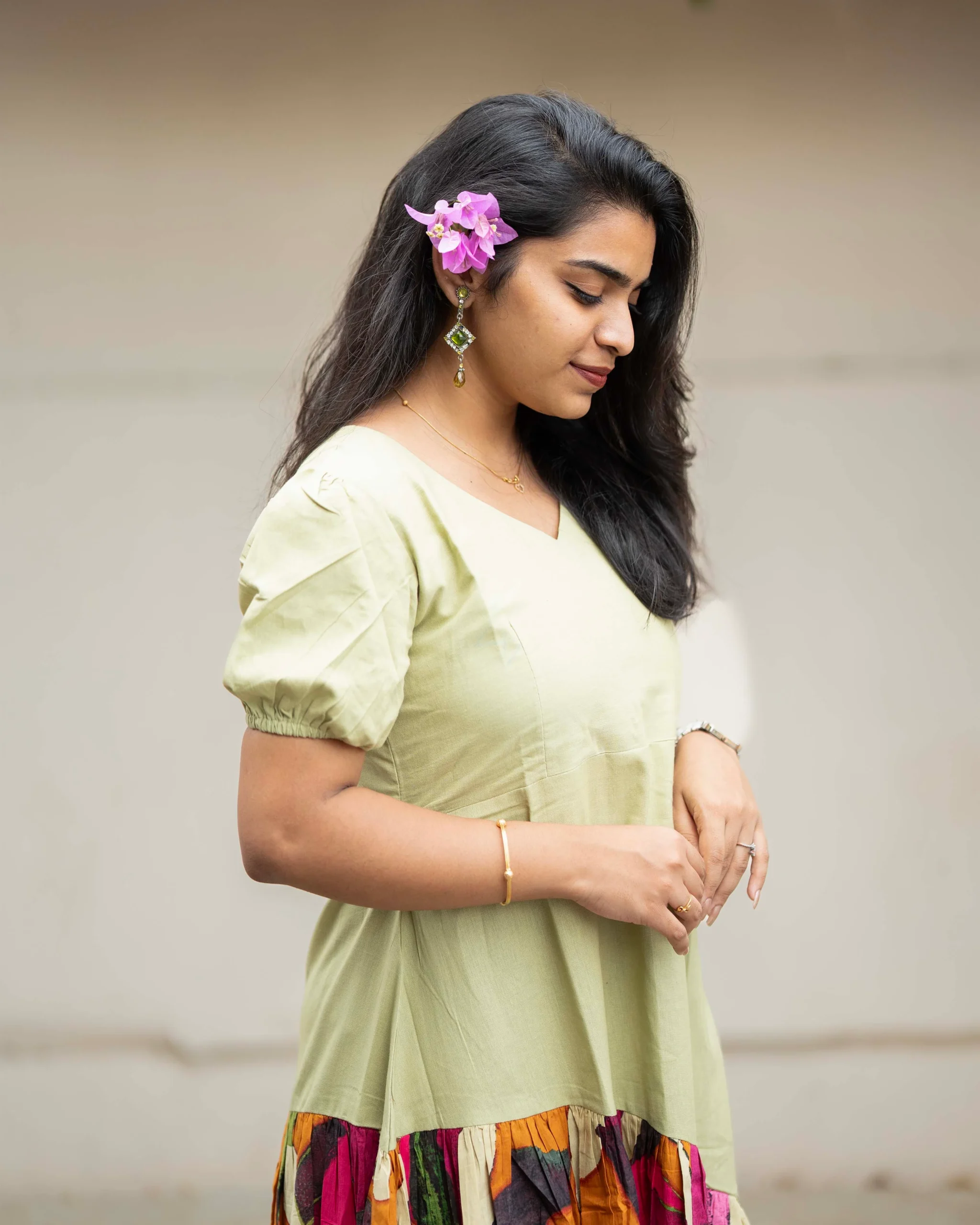 Sage Green Asymmetric Cotton Midi Dress for Women | Abstract Leaf Print Flare Dress - Image 9