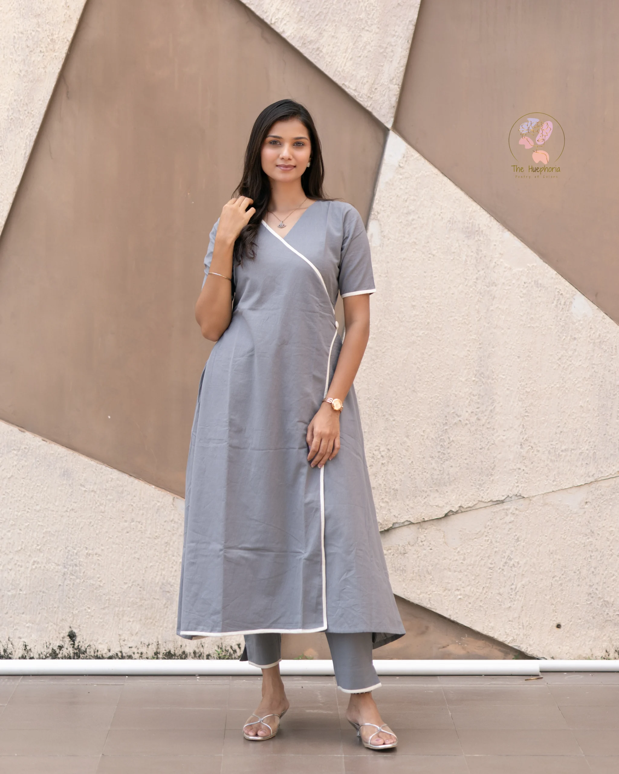 Flint Grey Cotton Co-Ord Set for Women | A-Line Kurti with White Piping & Straight Pants - Image 2