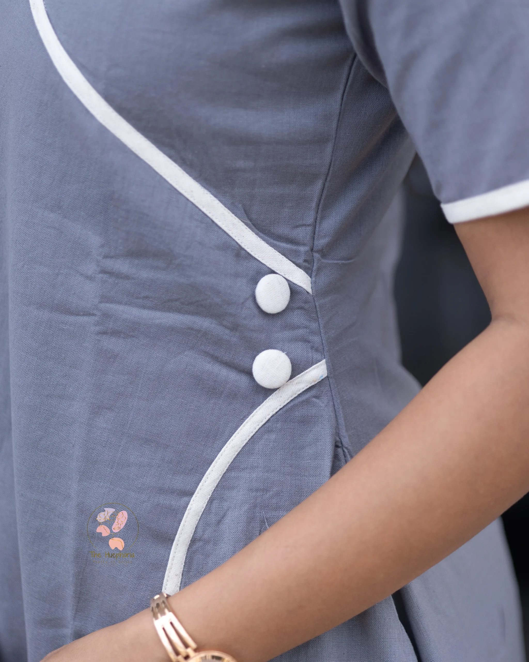 Flint Grey Cotton Co-Ord Set for Women | A-Line Kurti with White Piping & Straight Pants - Image 4