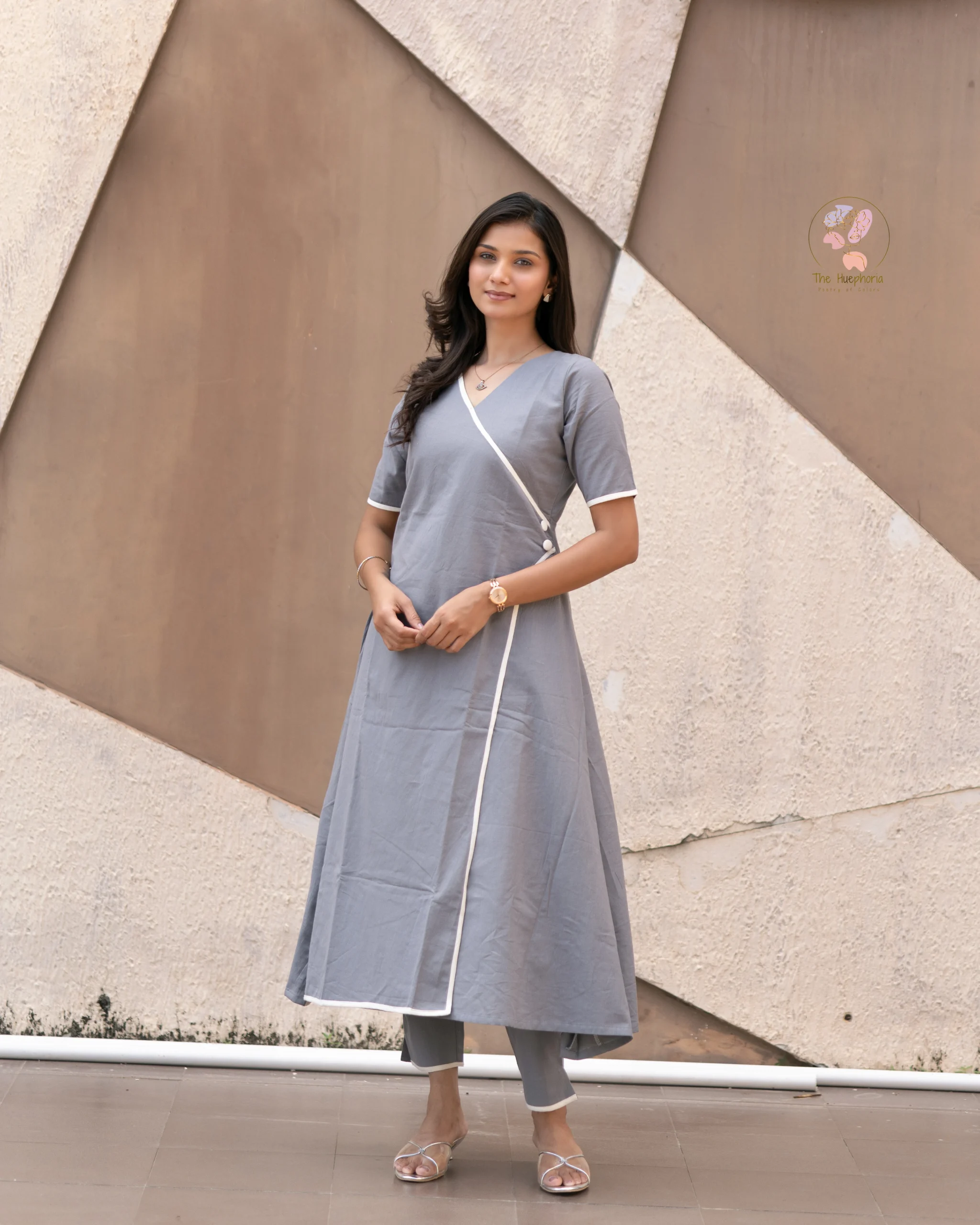 Flint Grey Cotton Co-Ord Set for Women | A-Line Kurti with White Piping & Straight Pants - Image 5